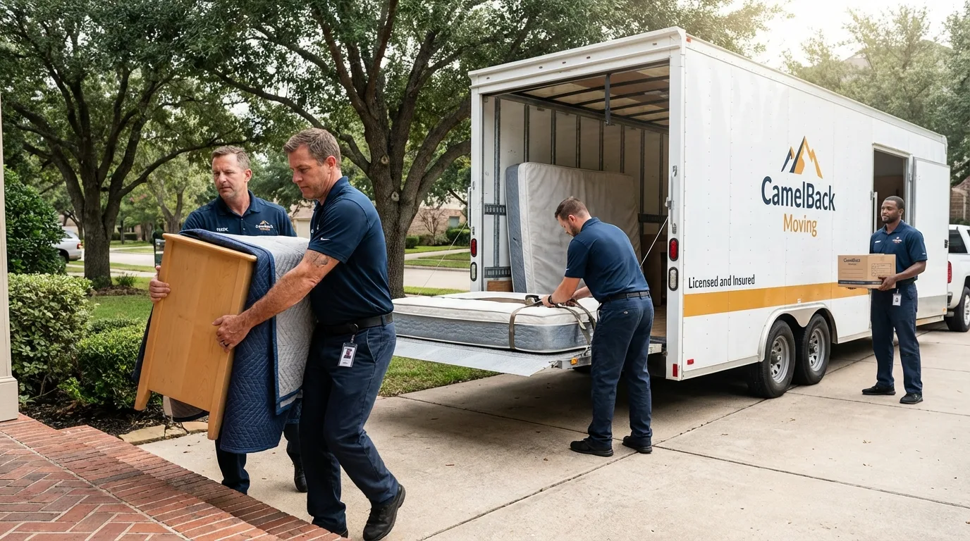 Crew loading residential truck for cross-state move from New Baden, IL