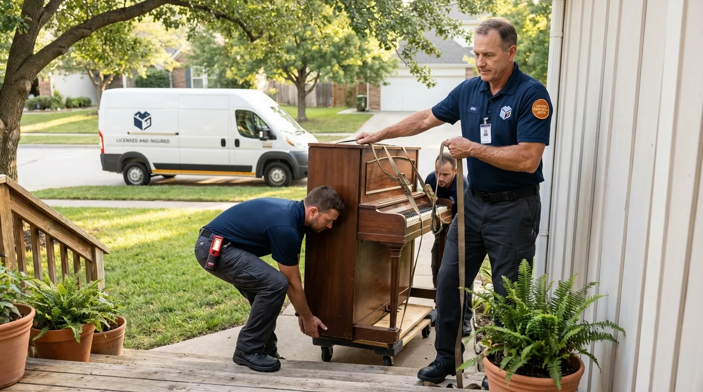 Licensed piano movers securing grand piano in New Baden, IL