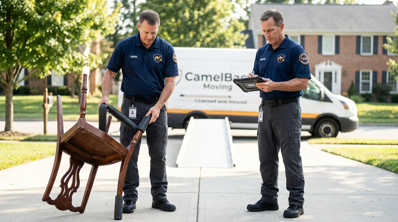 Movers inspecting furniture for damage prevention before loading in New Baden, IL