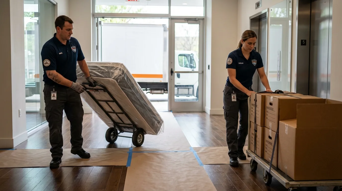 Professional apartment movers loading elevator in New Baden, IL