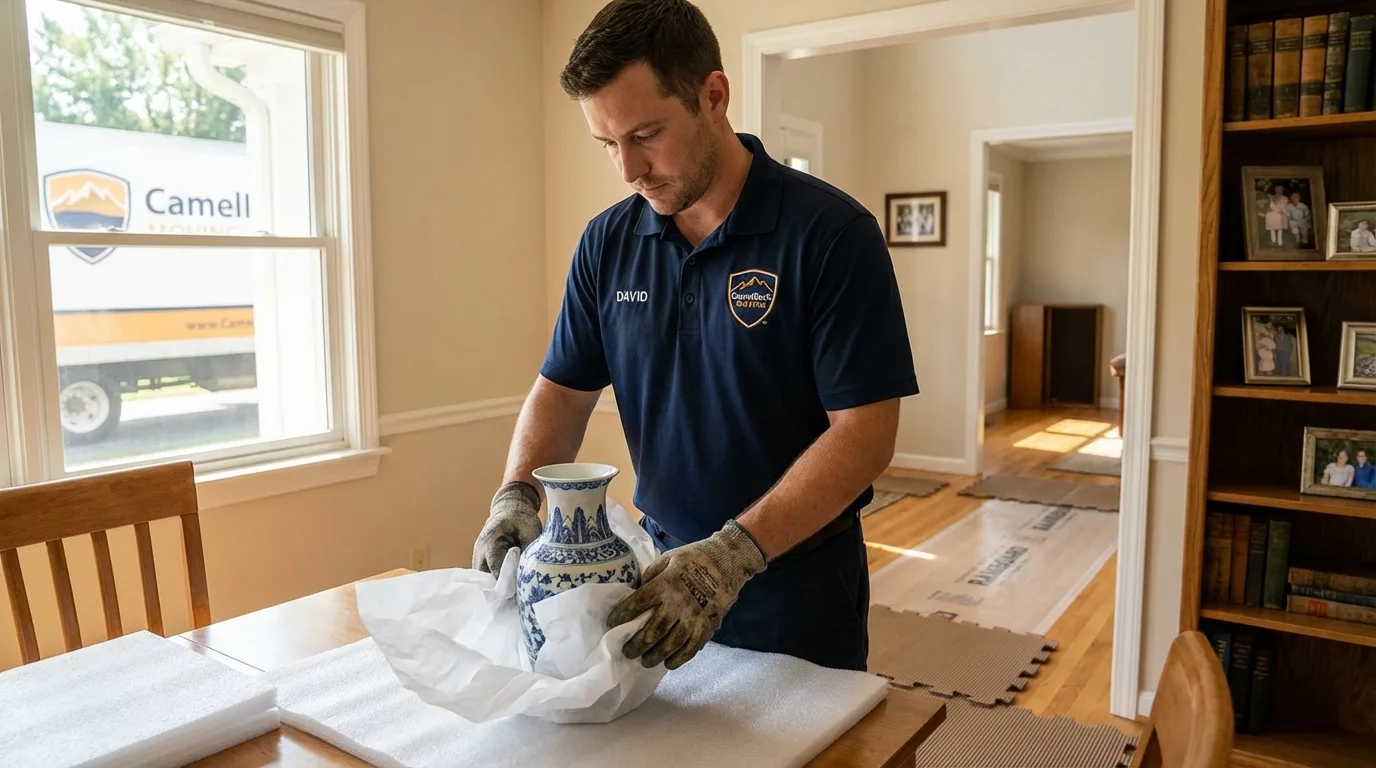 Professional crew carefully wrapping antique vase for senior downsizing move in New Baden, IL
