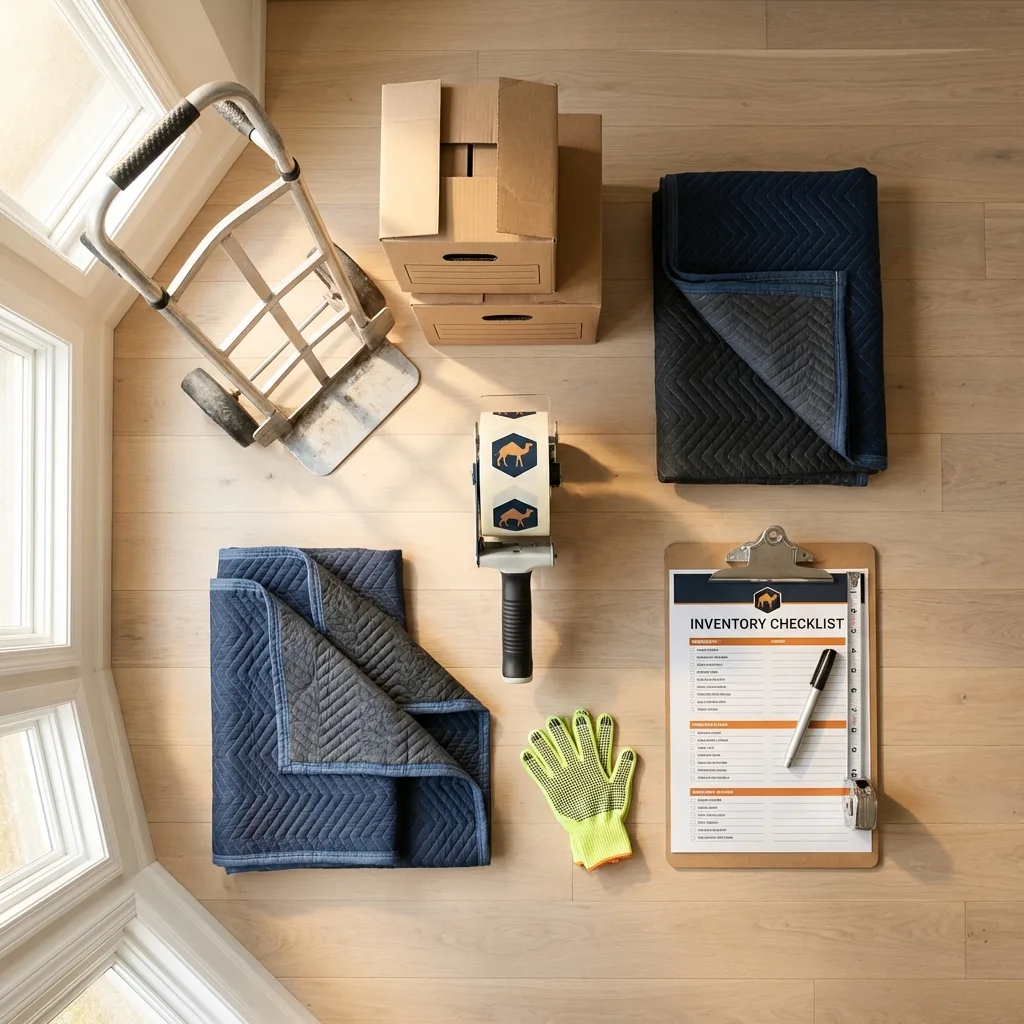 Professional moving supplies and packing materials layout for New Baden residential relocations